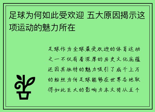 足球为何如此受欢迎 五大原因揭示这项运动的魅力所在